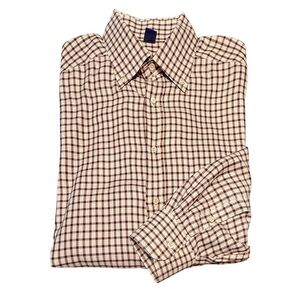 Jeff Rose 100% Cotton Golf Button Down Shirt Cream/Brown Check Plaid Large
